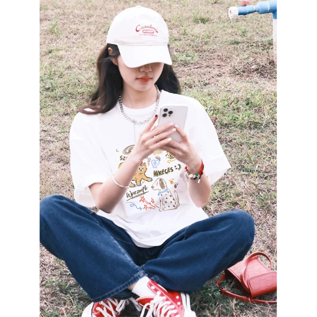 夏季新款圆领印花短袖纯棉T恤上衣字母百搭宽松潮休闲透气半袖