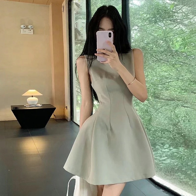 绿色无袖背心连衣裙女夏季显瘦裙子收腰A字短裙高级感礼服裙1971