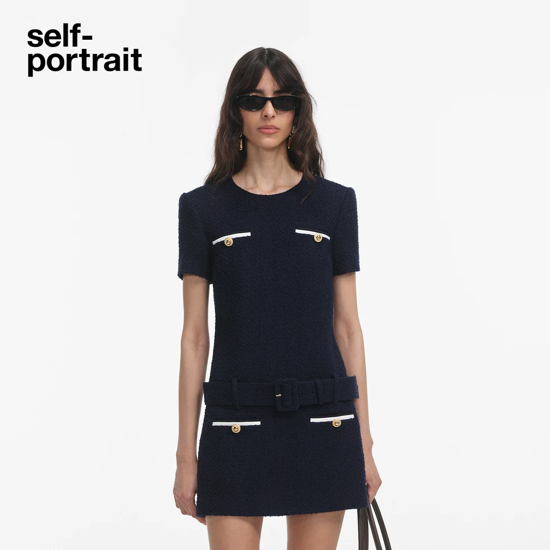 self-portrait2025早秋新款藏蓝色航海系粗花呢小香风小黑裙