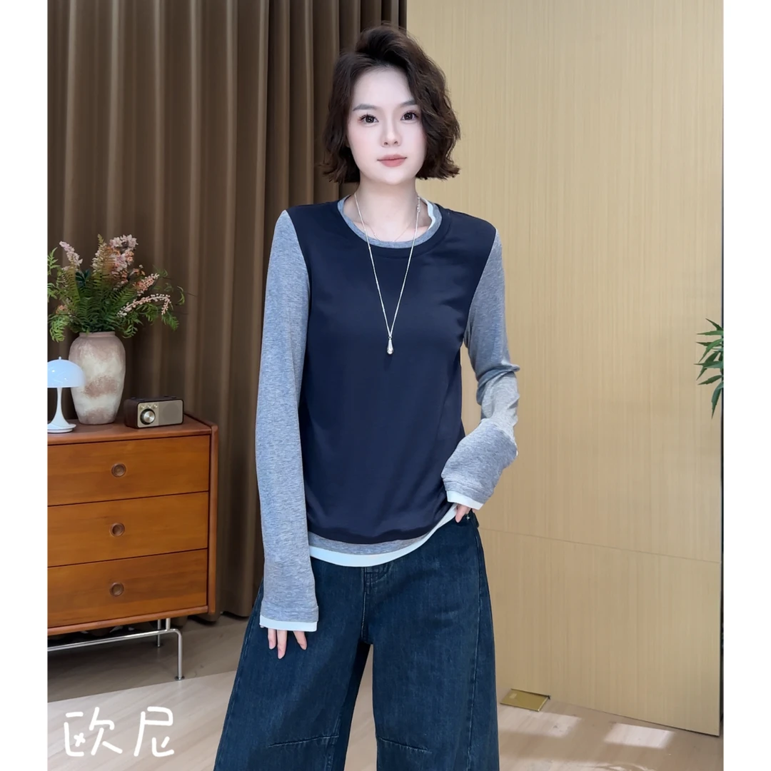 欧尼私服 2025早秋新款假两件拼接长袖修身T恤上衣2508C4792