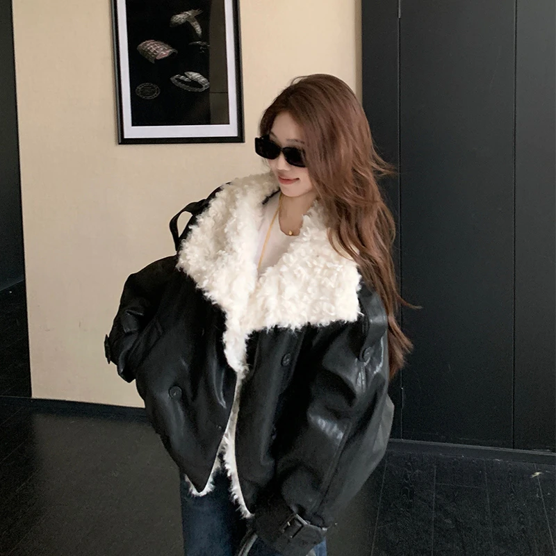 小羊羔毛毛短款皮外套女加厚翻领派克服2025冬季新款宽松外套