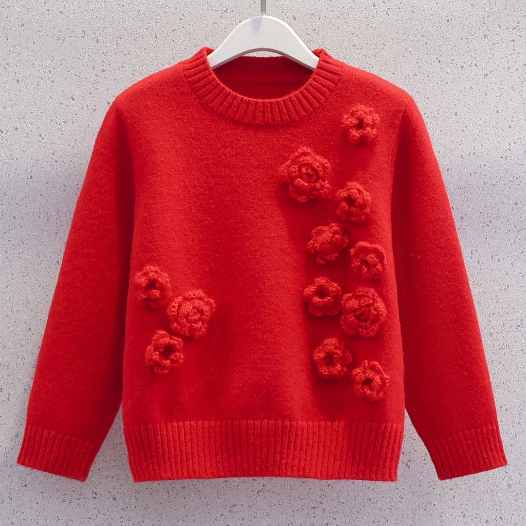 女童红色毛衣加厚秋冬季洋气儿童女孩立体花朵针织衫冬装保暖打底