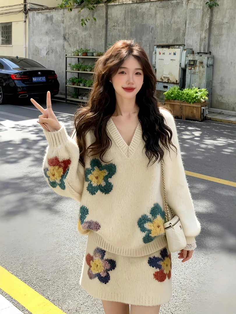 巨好看的秋冬装一整套韩系圣诞穿搭针织衫上衣裙子超火两件套装女