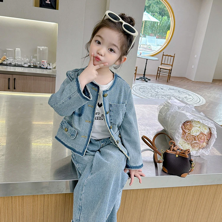 女童牛仔套装洋气春装新款儿童韩版秋季外套宝宝时尚阔腿裤两件套
