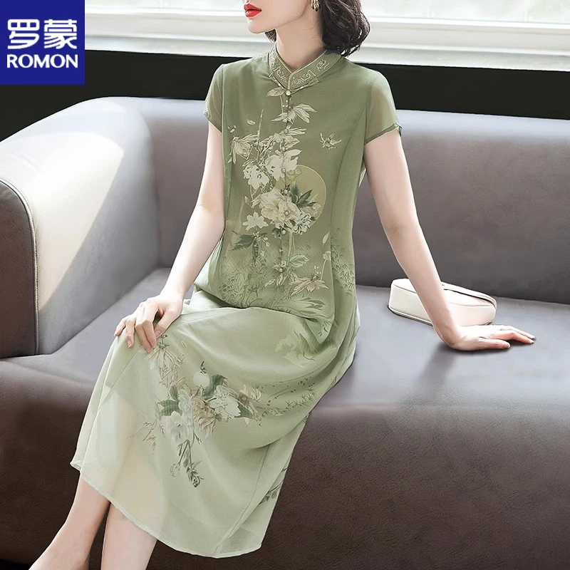 罗蒙高档妈妈夏装新款改良旗袍连衣裙中老年人女装夏季雪纺长裙子