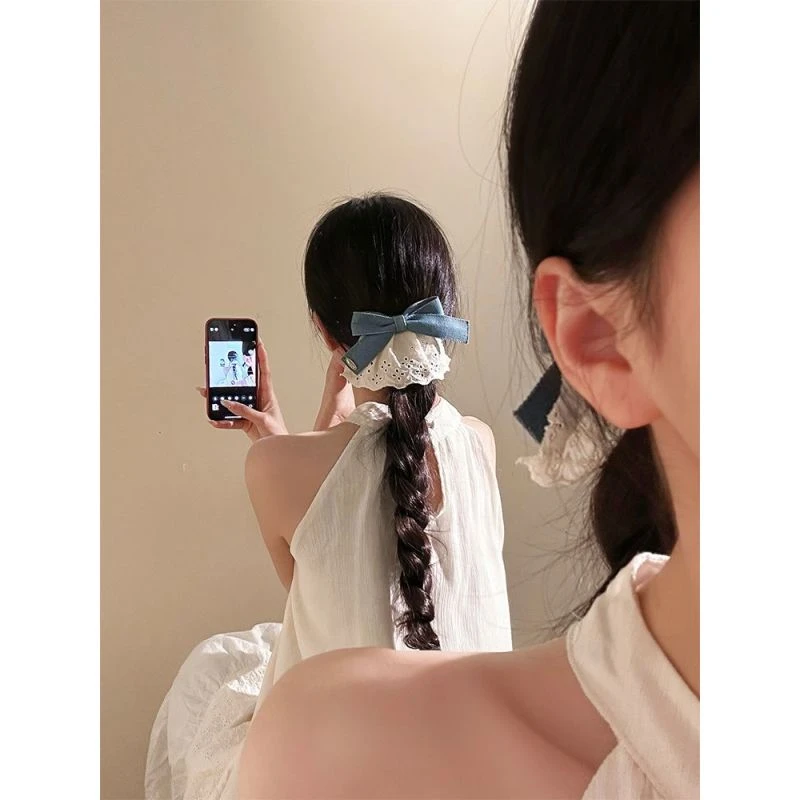 韩系文艺蓝色牛仔蝴蝶结蕾丝发夹女高级感可爱发卡夹子头饰弹簧夹