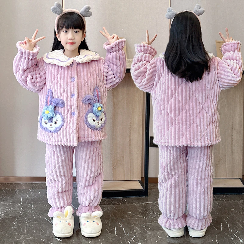 2024新款睡衣冬季珊瑚绒女童三层夹棉加绒加厚儿童套装公主家居服