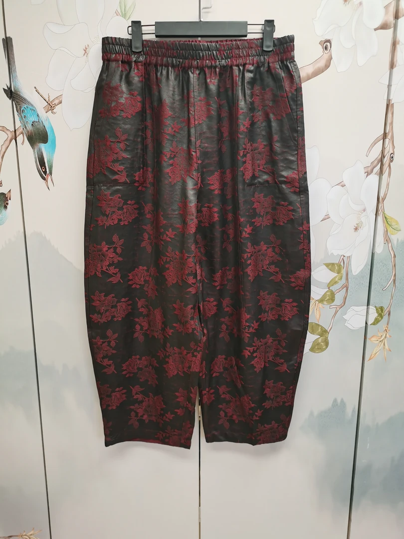 伊美香云纱适524008桑蚕丝双面提花双面双穿国风复古鸡血藤哈伦裤