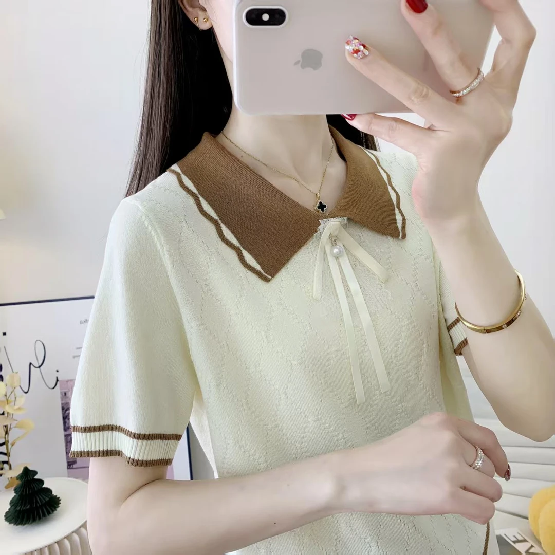 减龄百搭短袖毛针织衫娃娃领显瘦小香风翻领夏季宽松型设计感女