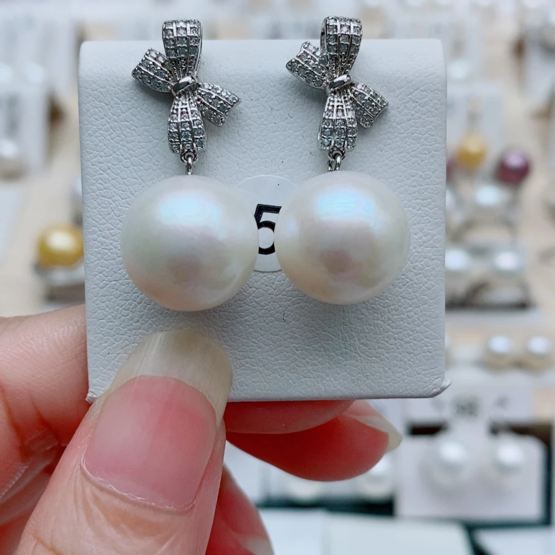 银S925镶嵌淡水珍珠耳饰13mm