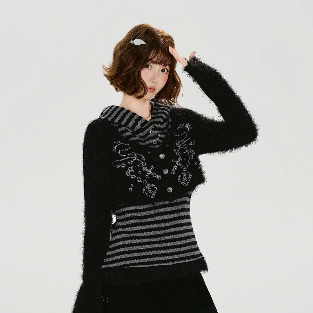 Girlyhalo美式复古假两件设计感连帽长袖t恤女秋冬新款毛绒上衣