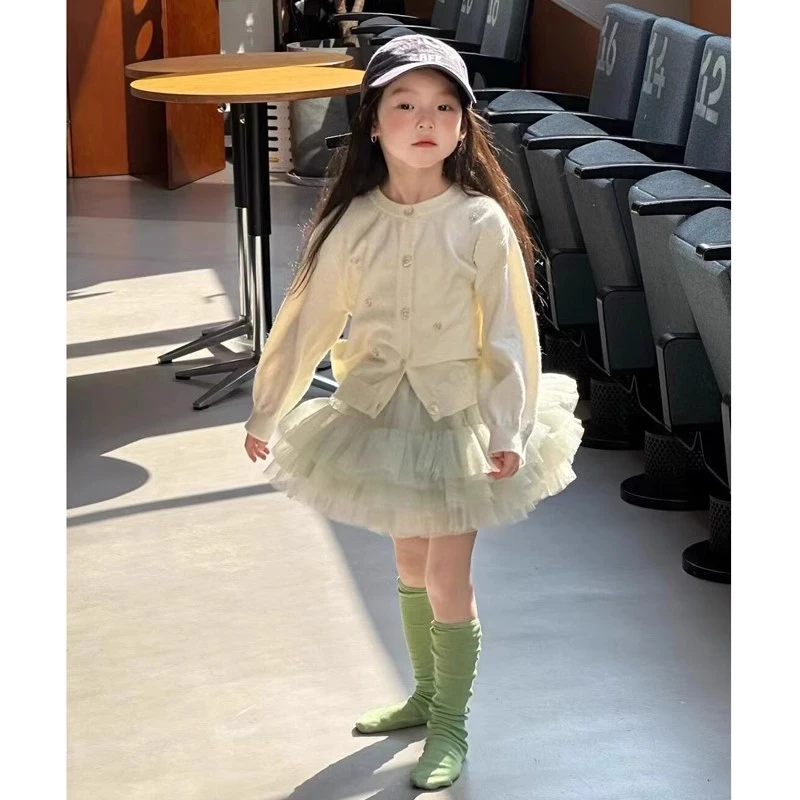 韩版女童春季新款小清新针织开衫手工串珠花朵毛衣外套半身蓬蓬裙