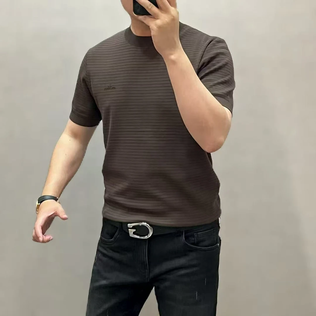 新款高端潮流男士字母袖标针织条纹圆领短袖T恤815