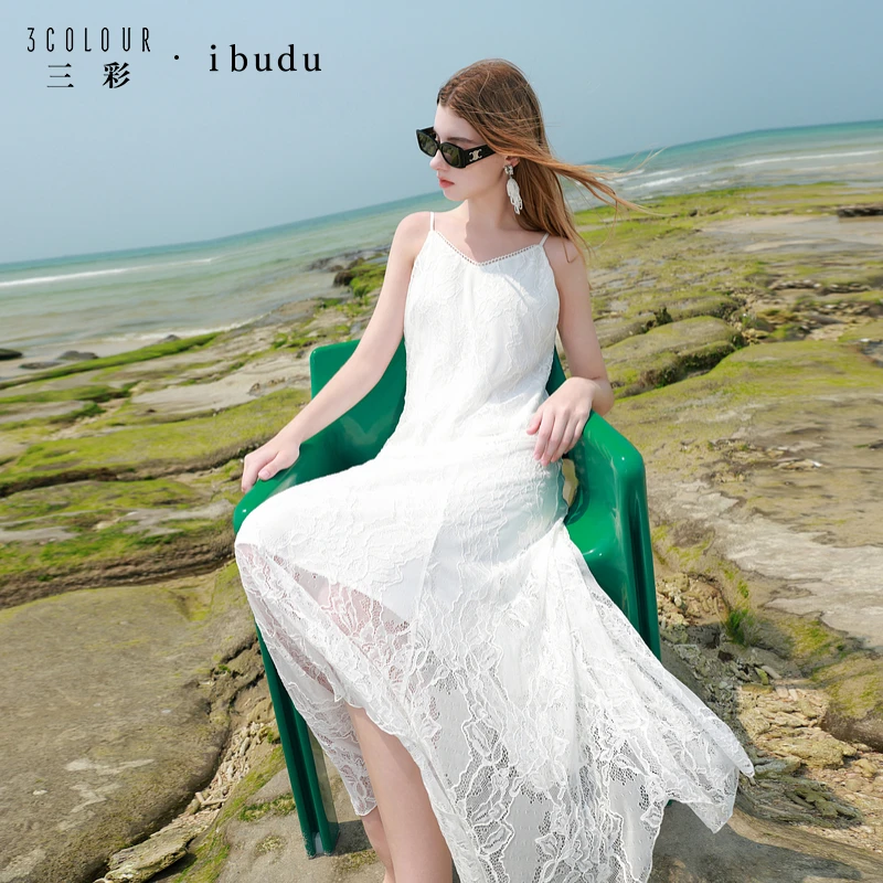 三彩ibudu2025夏季新款蕾丝吊带裙收腰A字裙长裙连衣裙浪漫女