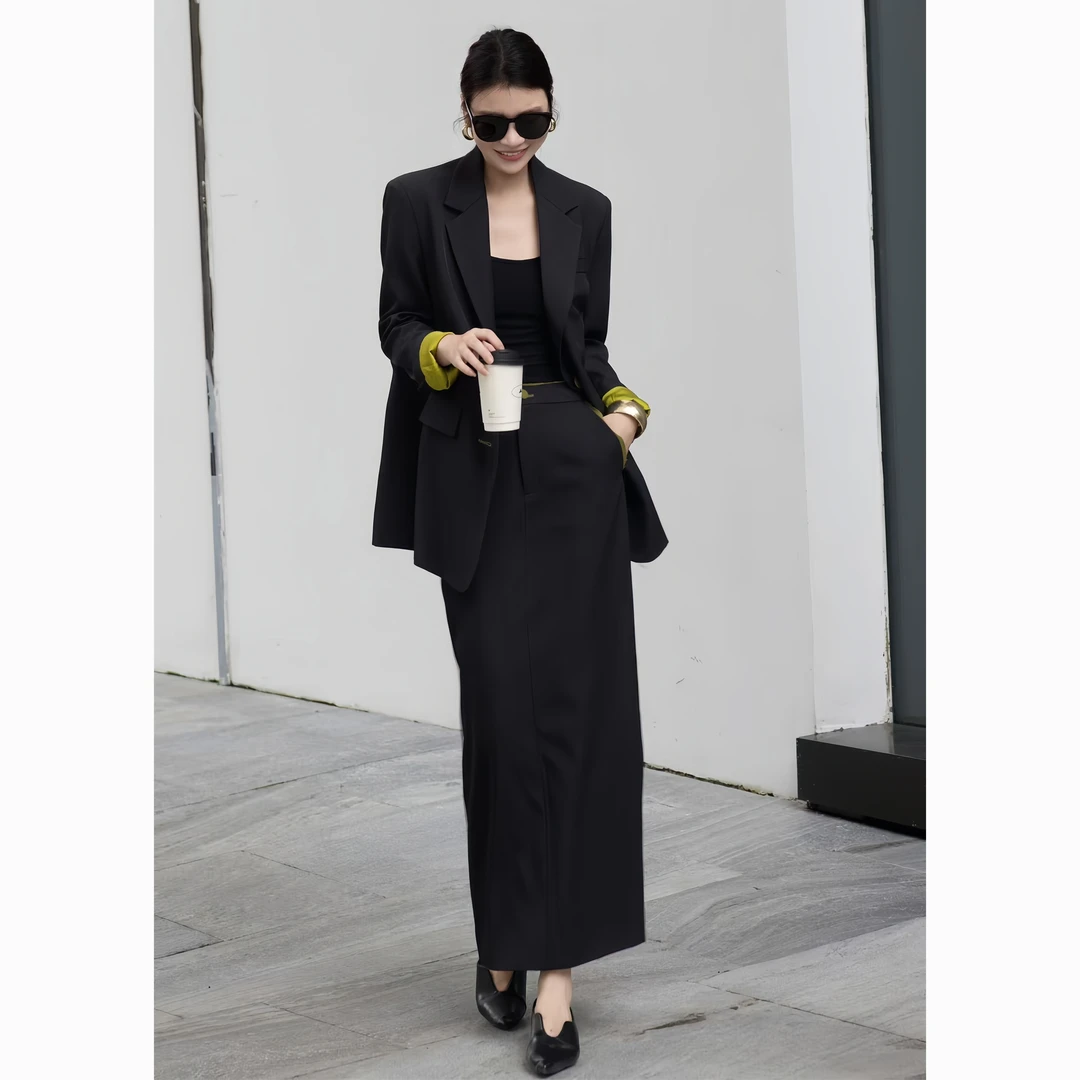 ZEROYK高端职业西装套装裙高级感黑色宽松绑带西服开叉半裙两件套