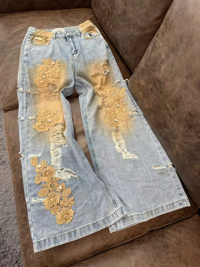 A53 高腰直筒百搭夏季阔腿破洞重工毛边时尚休闲复古宽松裤子