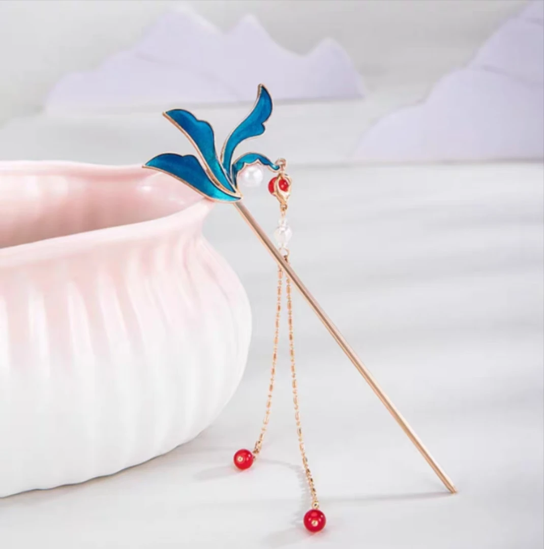 135 烧蓝叶子发簪古风长流苏非遗铜柄发簪日常百搭