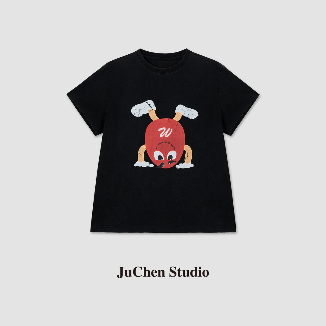 卡通减龄倒立M豆做旧裂痕印花夏季宽松短袖T恤 SS034110