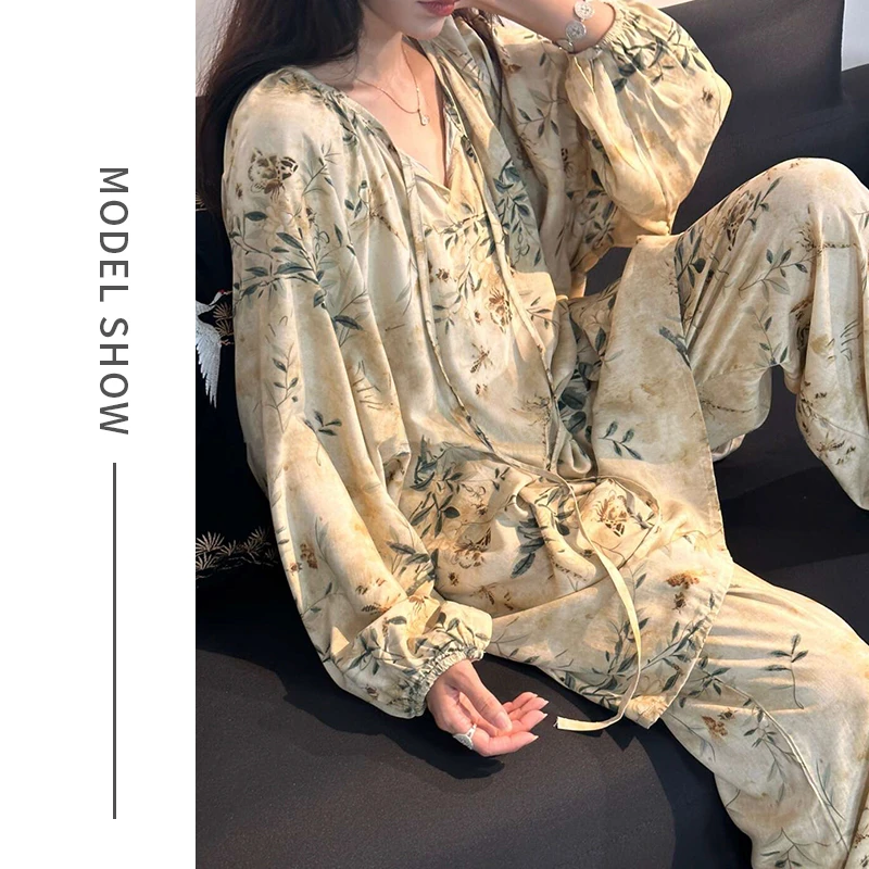 质棉绸套头睡衣女套装睡衣慵懒风空调服