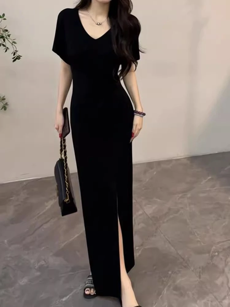 法式V领轻奢优雅气质短袖连衣裙2025新款夏季设计感小众开叉长裙