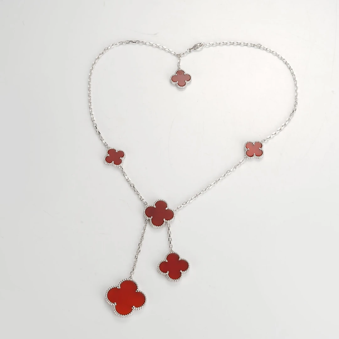 坠链均925银合成锆石 2644-红色四瓣花流苏百搭项链