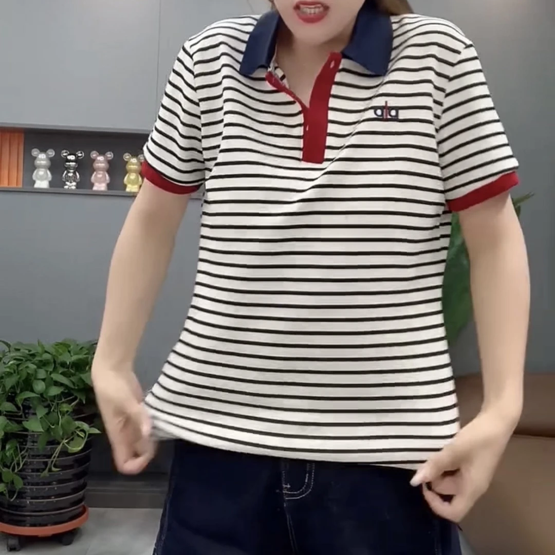短袖刺绣夏季经典条纹短袖T恤韩版显瘦miu系大小姐1197