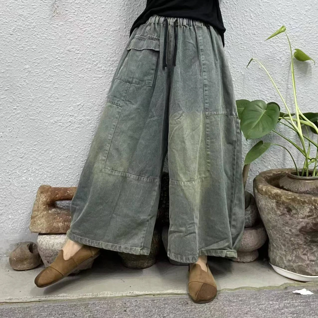 262007秋款浅蓝右腿拼口袋阔腿炒色牛仔裤（长89臀围152脚口66