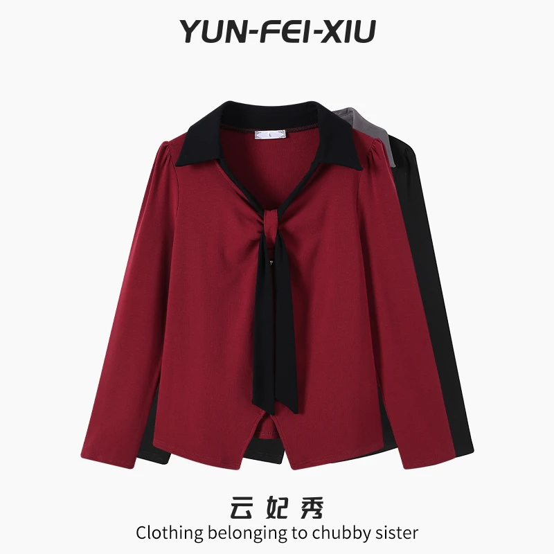 云妃秀大码女装T恤简约拼接时尚休闲气质微胖上衣显瘦春季9730