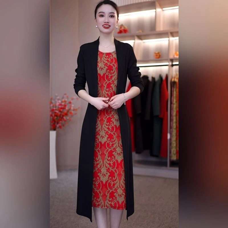 春季新款妈妈装时尚洋气减龄百搭气质遮肉显瘦中长款假两件连衣裙