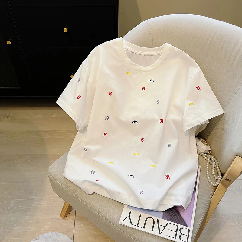 刺绣字母短袖T恤女2025夏季新款设计感宽松百搭休闲100%棉麻上衣