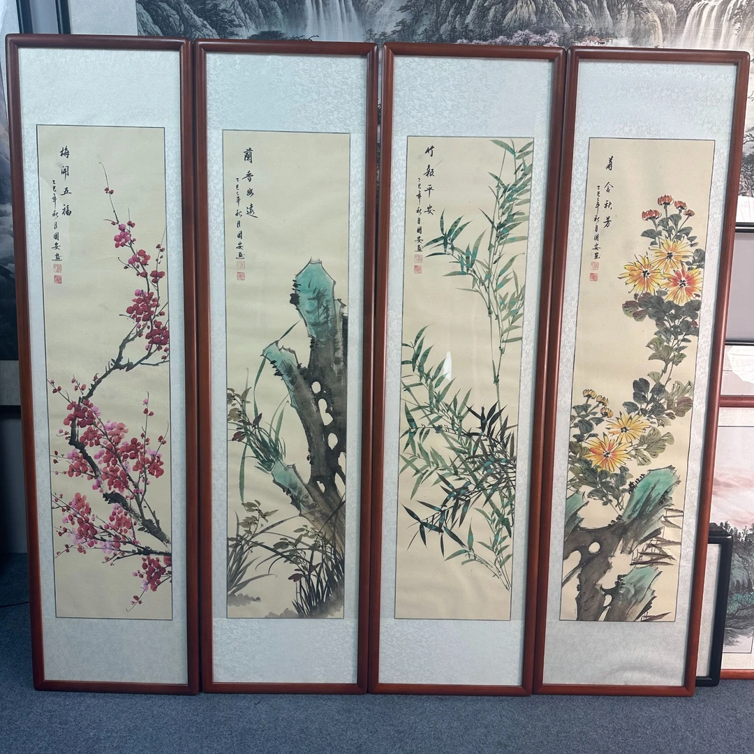 纯手绘-梅兰竹菊四条屏175X47X4新中式国画挂画背景墙装饰画
