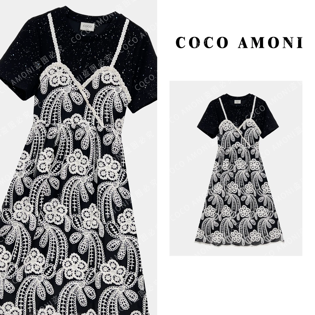 {曼姐}轻奢时尚新款女装拼接亮钻满天星设计显瘦连衣裙AC232