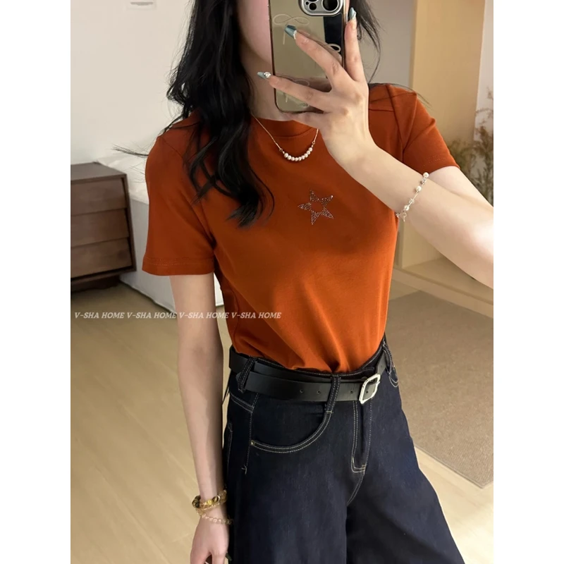 薇莎868【现货】80-145斤星星烫钻圆领短袖T恤女