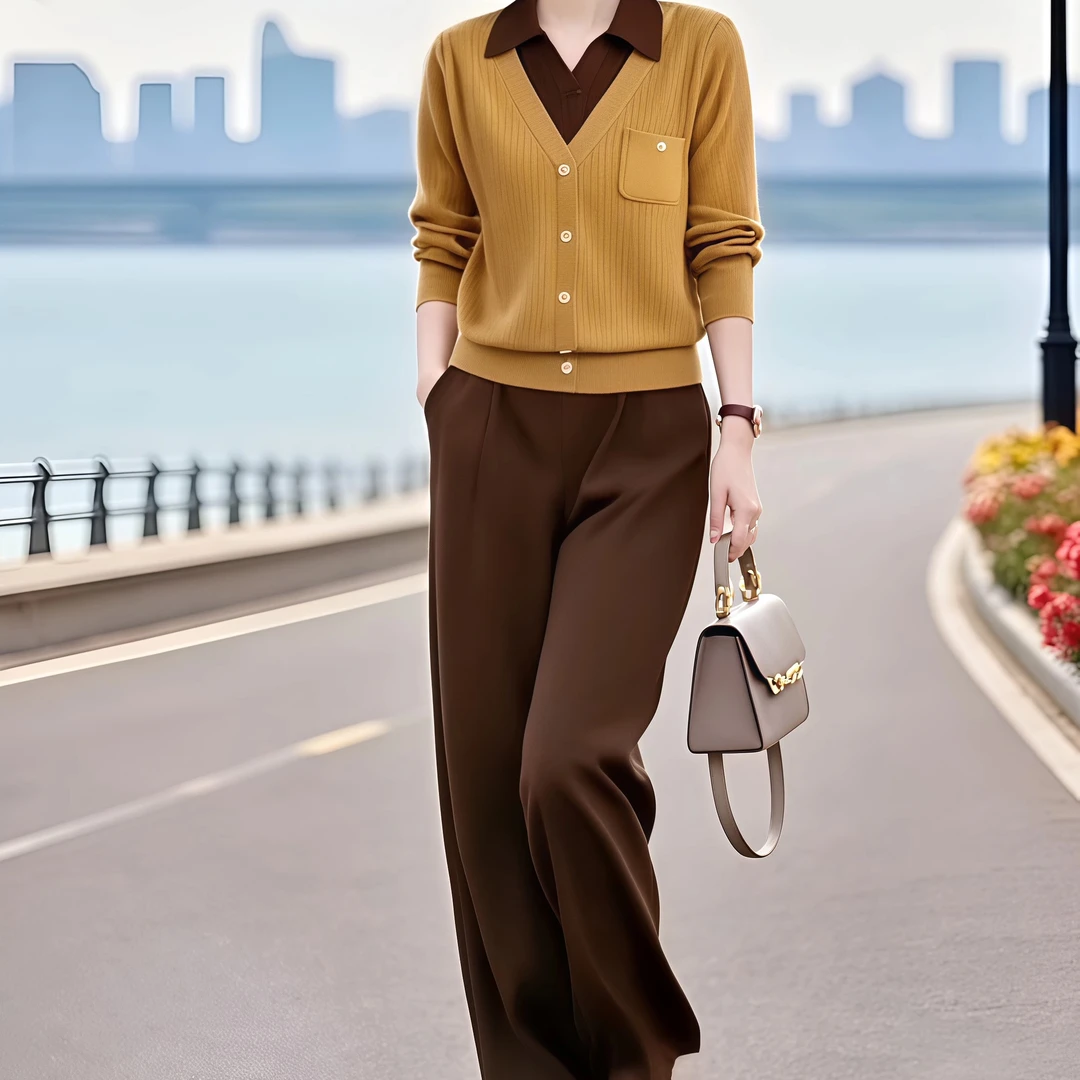 SS2778翻领假两件针织衫+半松紧腰九分裤套装秋上衣秋季富婆