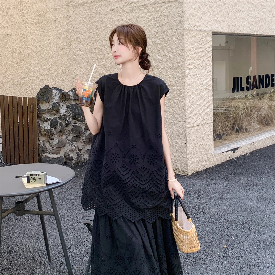 松紧高腰镂空半身裙女夏季2025新款宽松气质高级简约百搭A字裙子
