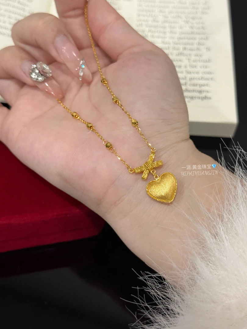 拉丝爱心蝴蝶结项链足金999黄金项链@XL128
