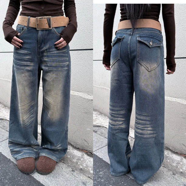 【小凤家】加绒/复古高腰宽松阔腿显瘦牛仔拖地裤
