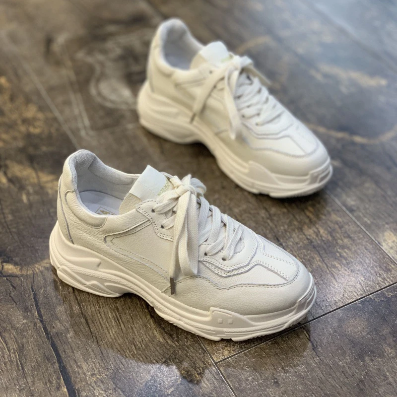厚底老爹鞋女2025年新款百搭运动鞋真皮系带小白鞋
