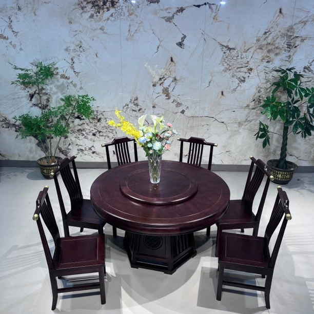 圆形新中式非洲黑檀木框架结构榫卯艺术餐桌转盘餐厅圆桌桌子餐台