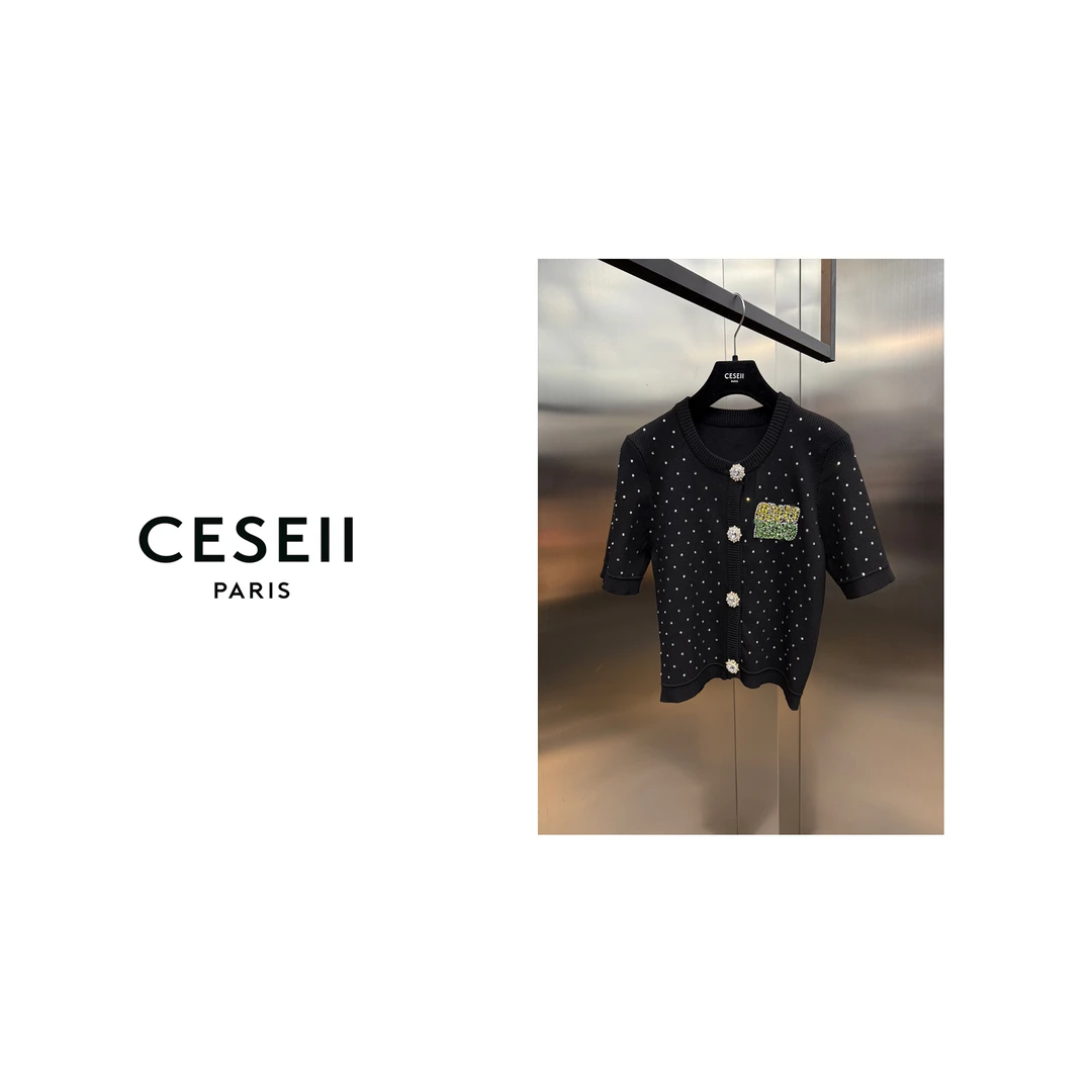 【25XJ025】CESEII2025时尚重工手工订珠钻工艺高弹针织短袖