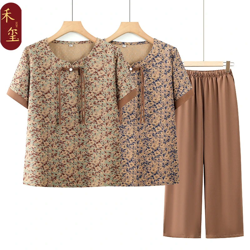 2025新款奶奶装洋气夏装短袖碎花衬衫套装新款妈妈夏天宽松两件套