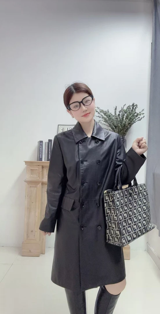 小牛皮欧美范长款风衣外套时尚休闲百搭女士黑色春季中长款66222