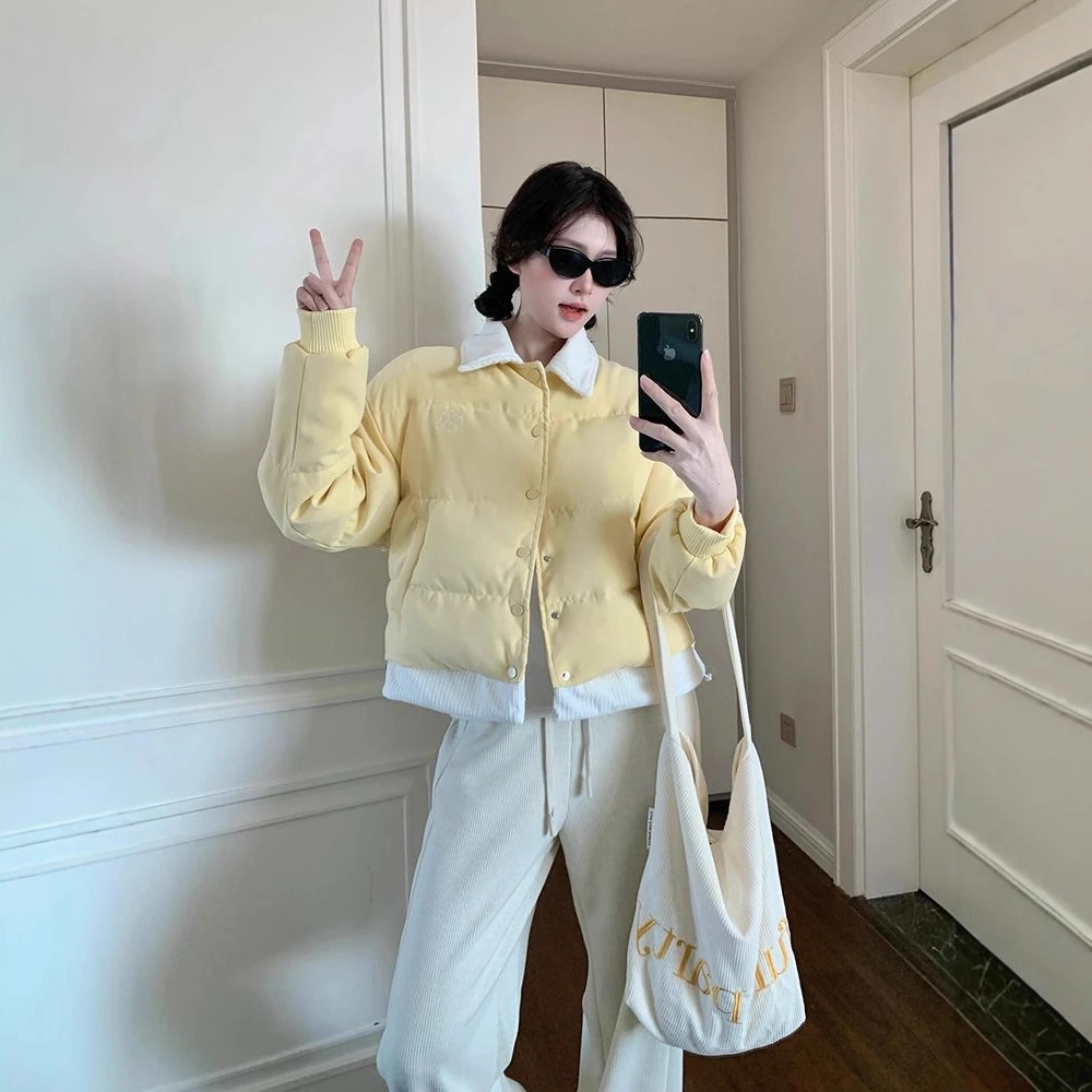 韩系2025冬季新款女羽绒棉服小个子短款加厚保暖外套假两件拼接色