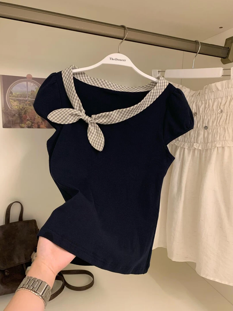 藏蓝色圆领蝴蝶系带短袖女2025新款夏季设计感小众外穿超好看上衣