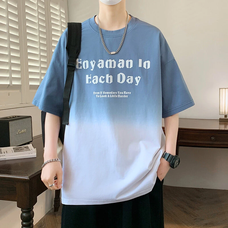 2025夏季新款休闲圆领T恤男生青少年百搭宽松渐变印花半袖打底衫