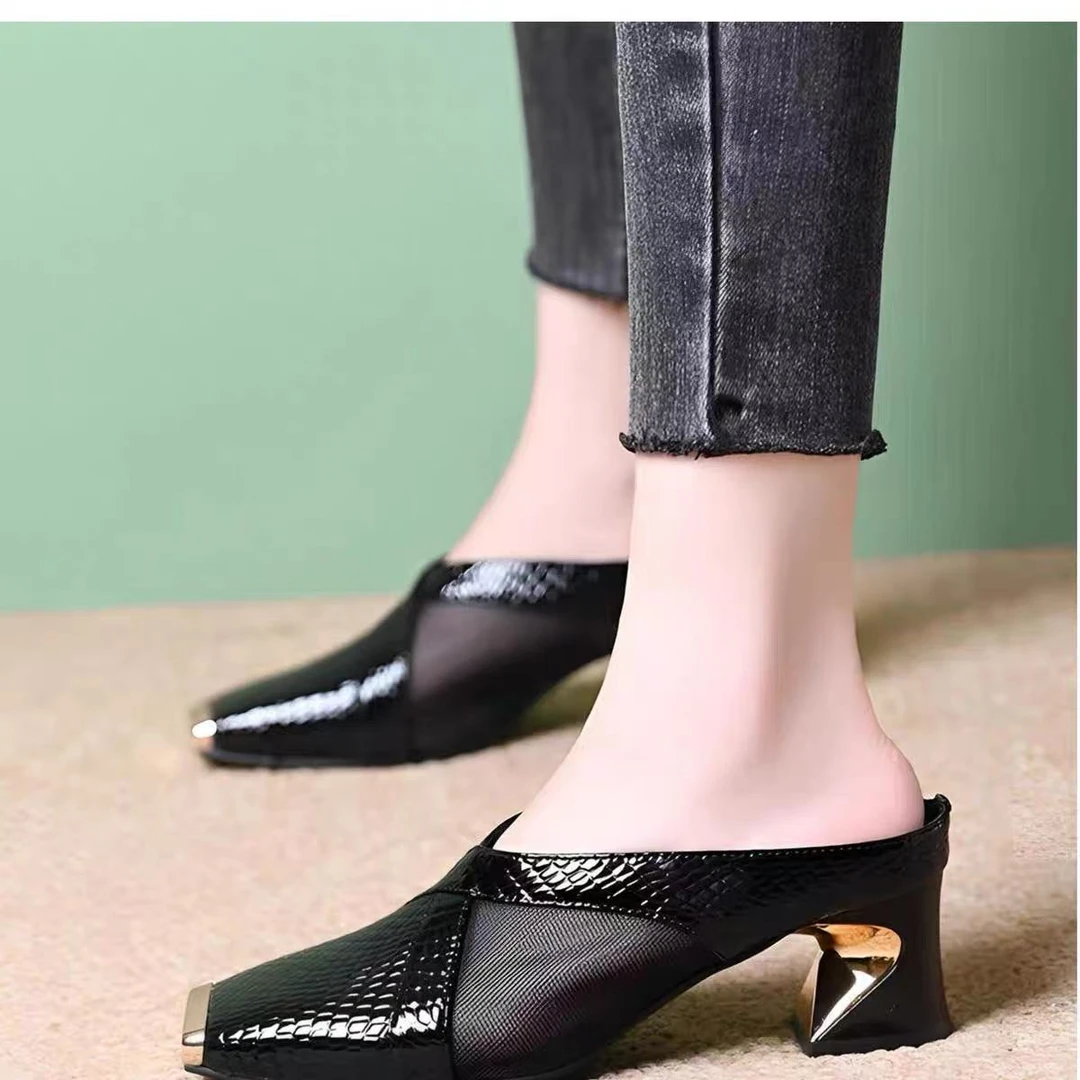 【真皮撤柜】粗跟凉拖鞋女夏季外穿中跟软皮2025年镂空懒人