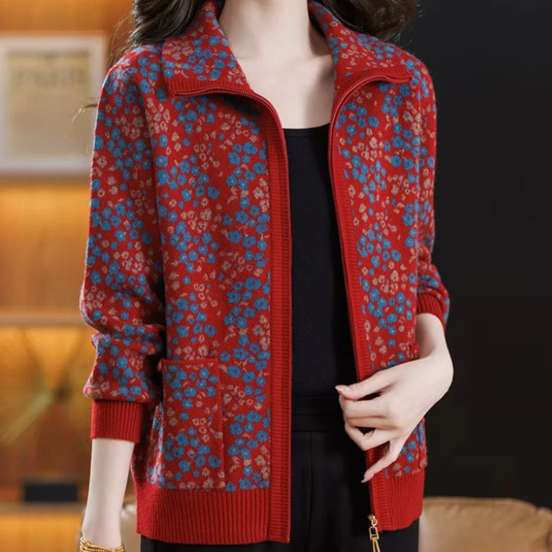 YF翻领拉链款提花加厚冬季新款双层针织开衫妈妈装外套