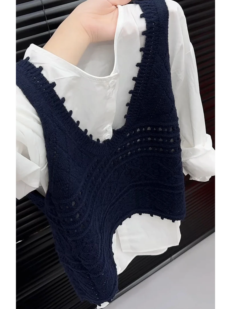高端欧货2025年秋装新款圆领单排扣白色衬衫V领针织马甲两件套女
