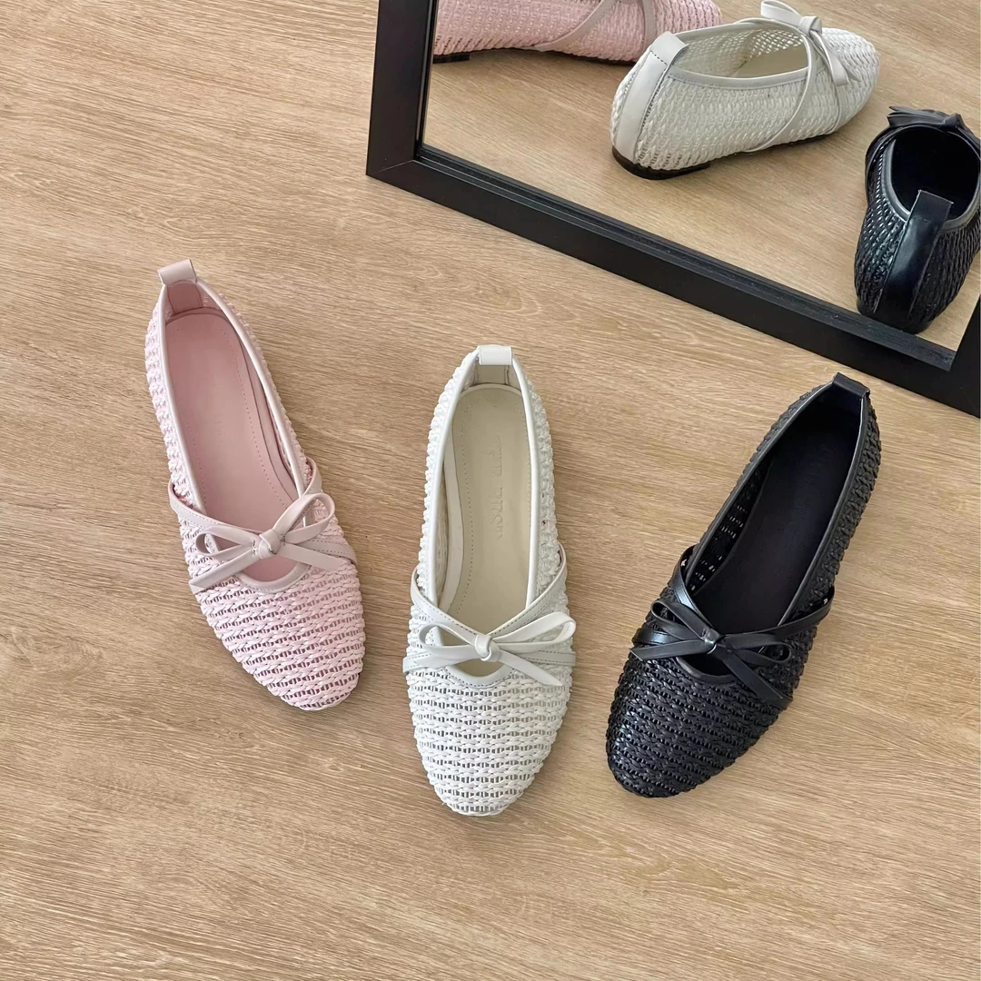 HUSSLOVE 头层牛皮+编织·跟高1CM·简约百搭编织蝴蝶结浅口单鞋