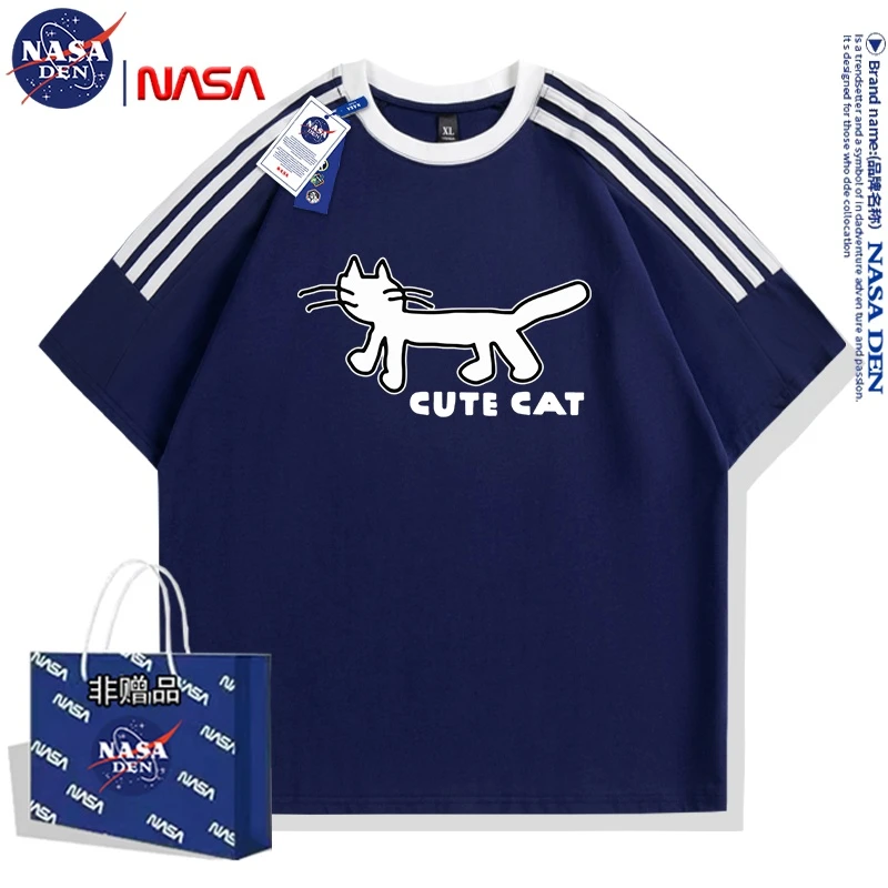 NASA联名透气重磅纯棉T恤韩系印花三条杠男女宽松内搭春夏季短袖